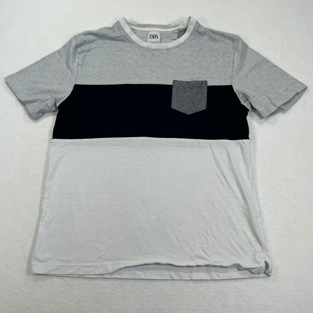 Zara Mens Colorblock Striped Pocket T-Shirt Size M Black White Crew Neck
